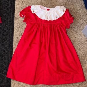 The Proper Peony Red Kids Dress with white Embroidered Collar Size 6